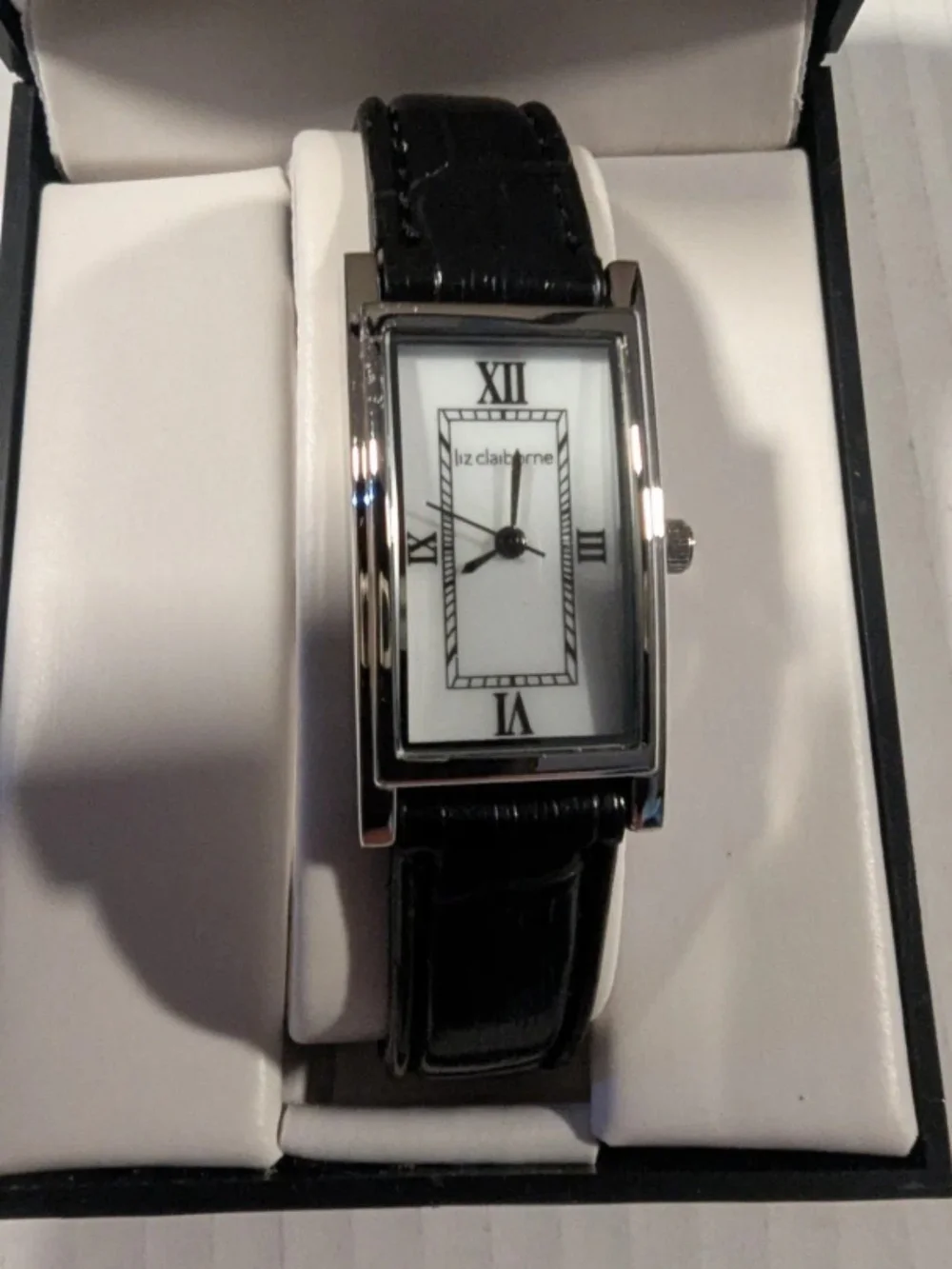 Liz Claiborne Silver-Tone Rectangular Watch with Black Leather Strap